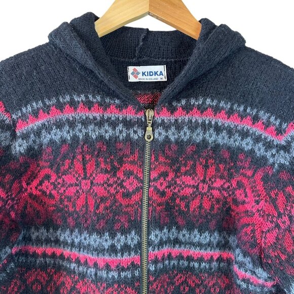 Kidka Drangi Hooded Zip Front Cardigan in Black/Multicolor Icelandic Wool Size M - Picture 3 of 5